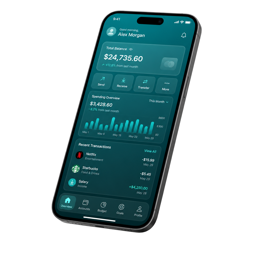 TFMula mobile banking app showing balance and spending insights